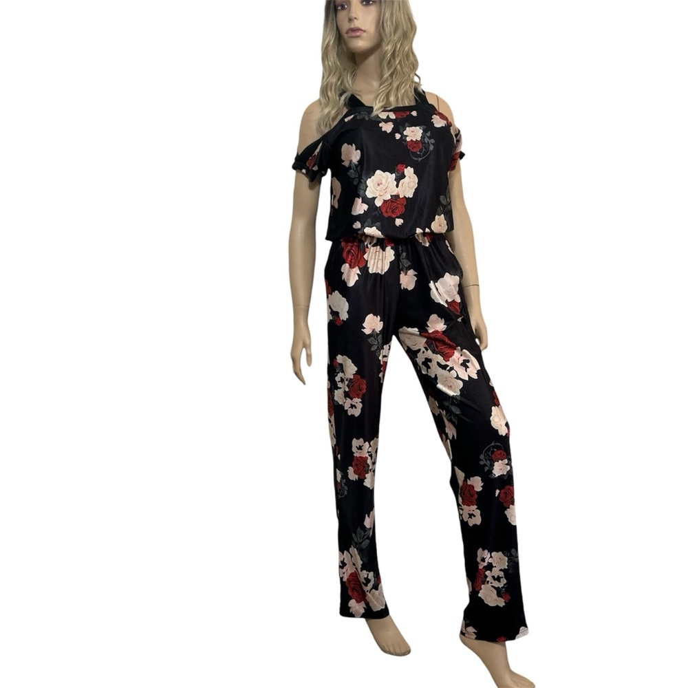 Black Floral Cold Shoulder Jumpsuit | Romantic Rose Wide Leg Romper | Size M
